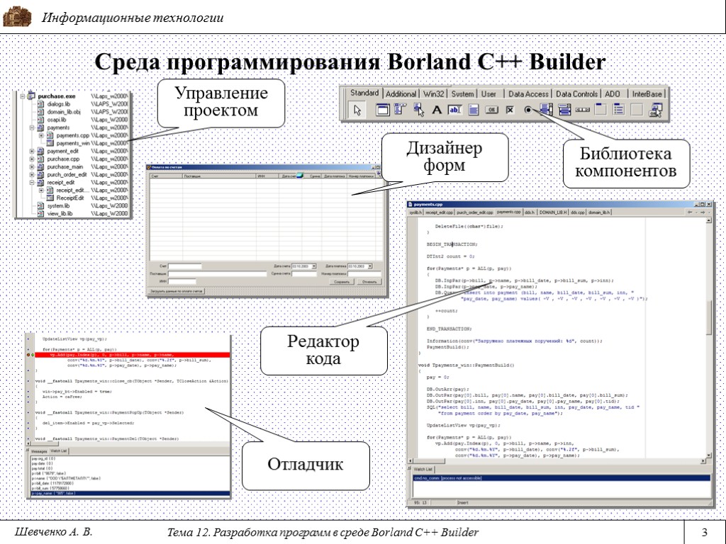 Информационные технологии Тема 12. Разработка программ в среде Borland C++ Builder 3 Среда программирования